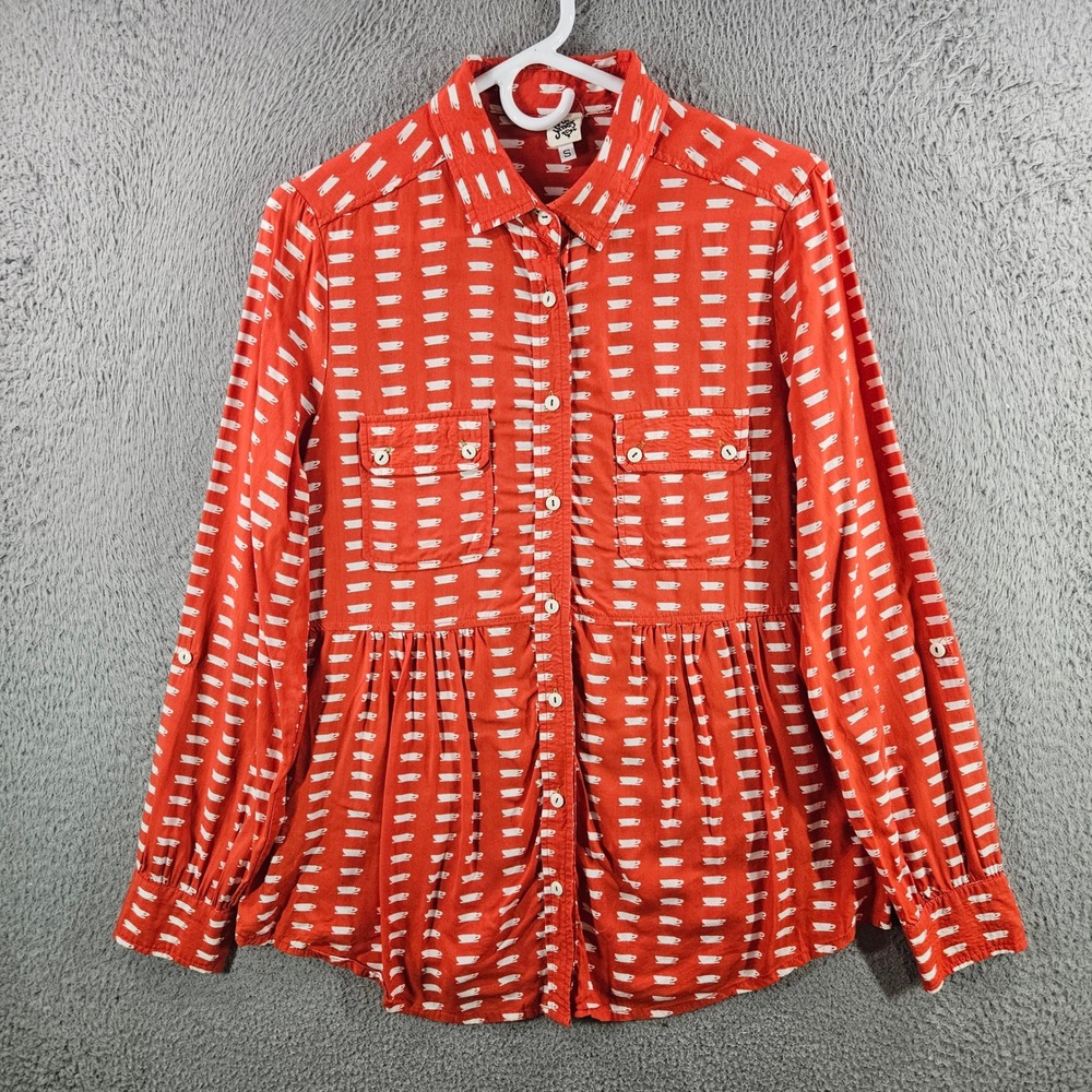 Ivy Jane Orange Red Teacup Print Button Down Peplum Shirt Womens Small Cotton